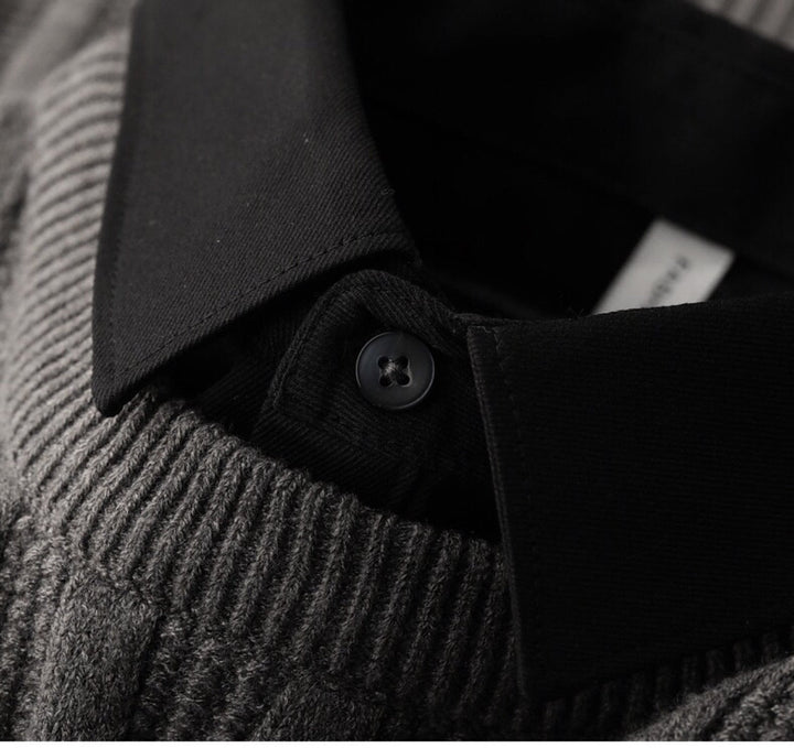 Stylish men's ribbed polo collar sweater, long sleeve, perfect casual wear top for cold weather.