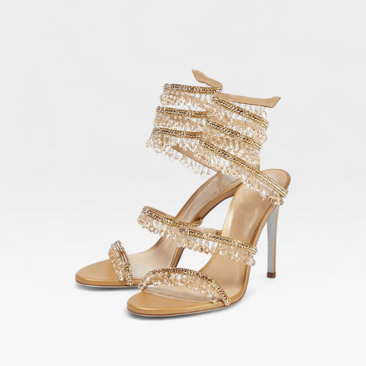 Women's special occasion crystal strappy heels, chic & elegant for formal events.