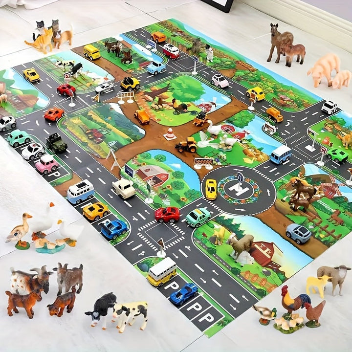 Children's interactive play mat exploring a vibrant farm & busy city traffic. Includes toys for endless fun.