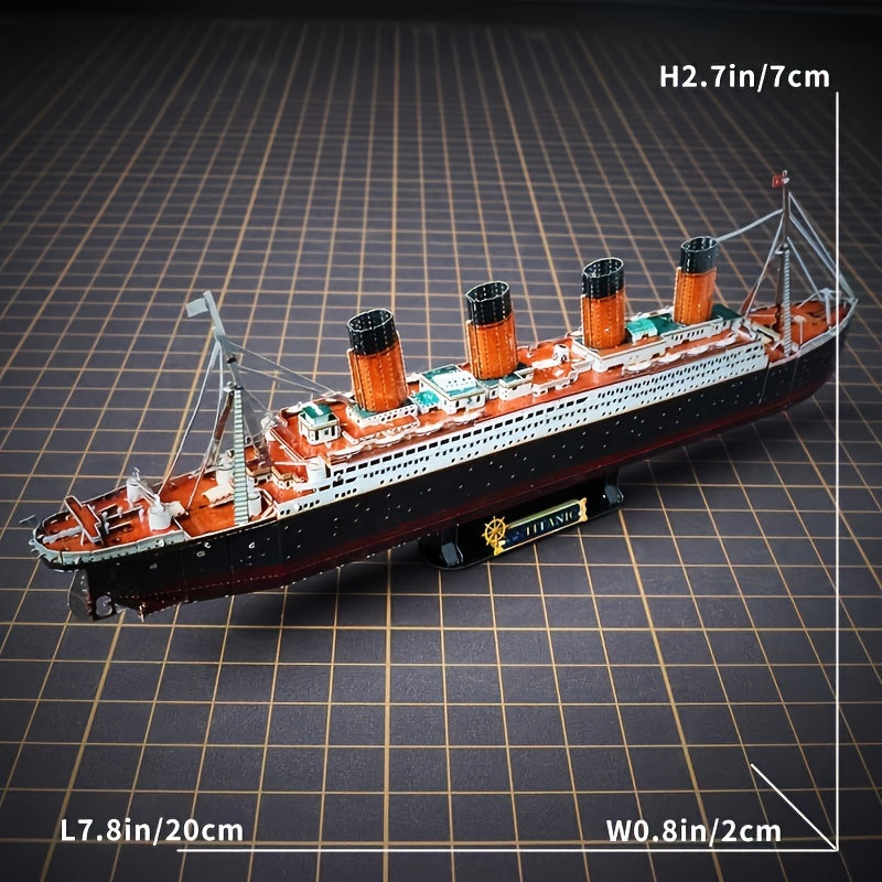 Close-up of the intricate metal detailing on a Titanic 3D model kit, a challenging ship puzzle for adults.