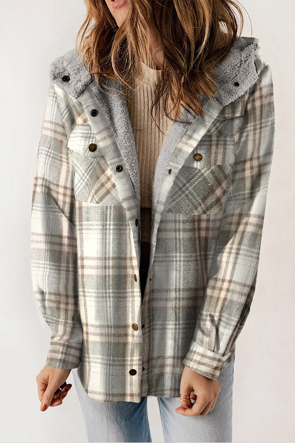 Cozy women's plaid hooded jacket with buttons, essential casual outerwear for cold weather.