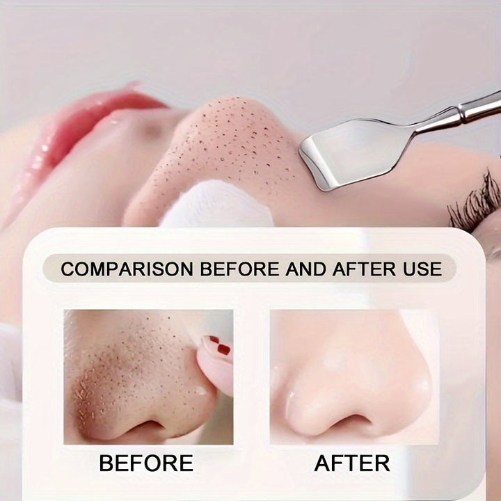 Dual-ended stainless steel tool for effective blackhead extraction, pore cleansing, and skin exfoliation.