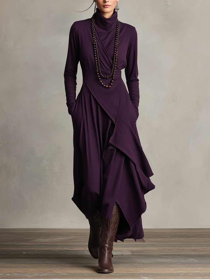Elegant women's draped turtleneck dress with pockets, perfect for winter comfort and style.