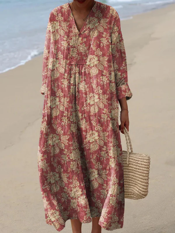 Women's vintage floral art print long sleeve midi dress, elegant & flowy for spring fashion, comfortable daywear.