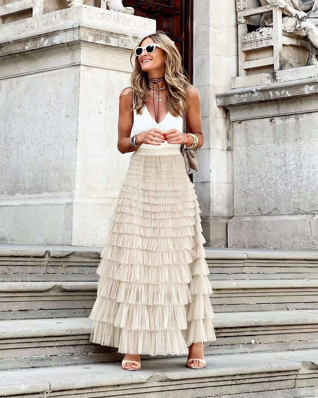 Women's Layered Tulle Midi A-Line Skirt
