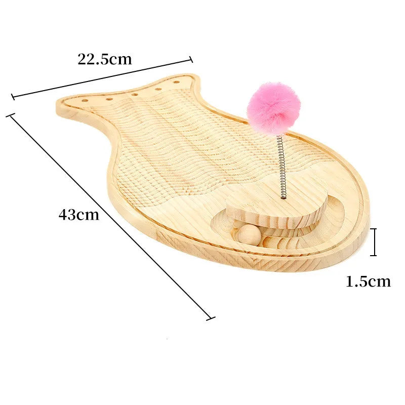 Interactive wooden cat scratching post featuring a feather wand & trackball, promoting cat exercise & play.