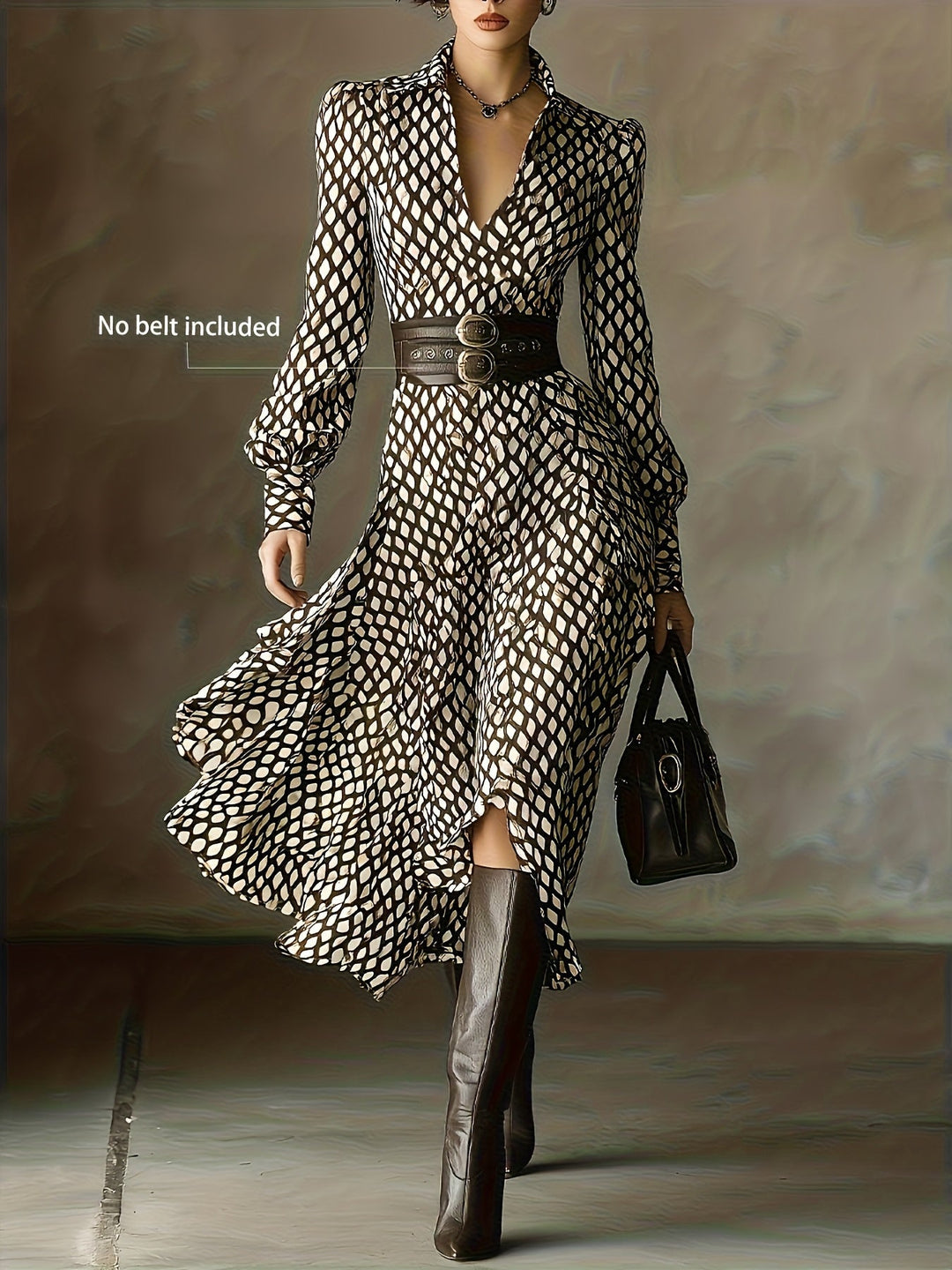 Versatile autumn/winter women's midi dress. Flowy rhombus print, long sleeve elegant style.