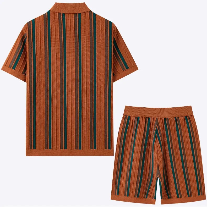 Stylish men's striped short sleeve shirt & shorts co-ord. Perfect casual two-piece summer fashion set.