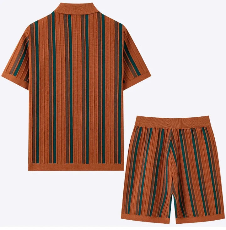 Stylish men's striped short sleeve shirt & shorts co-ord. Perfect casual two-piece summer fashion set.