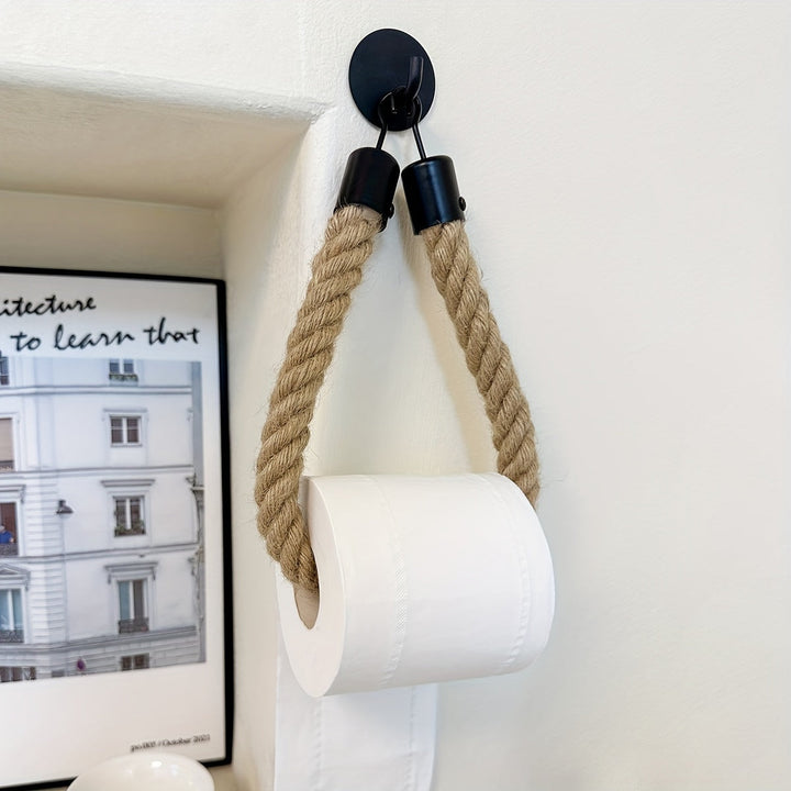 Jute rope toilet paper holder, rustic bathroom decor. Natural material home organizer.