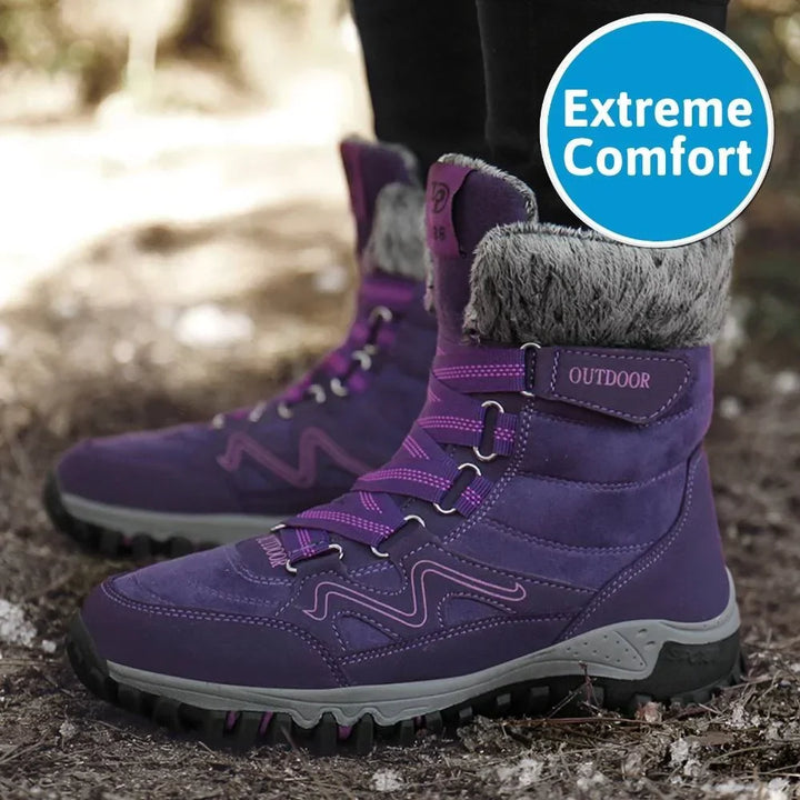 Side view of women's warm winter boots with non-slip orthopedic sole, lace-up design, offering arch support.