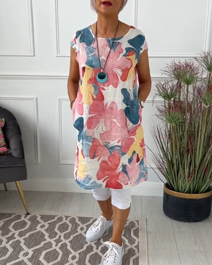 Women's elegant casual floral dress, knee-length, perfect for everyday spring & summer style.
