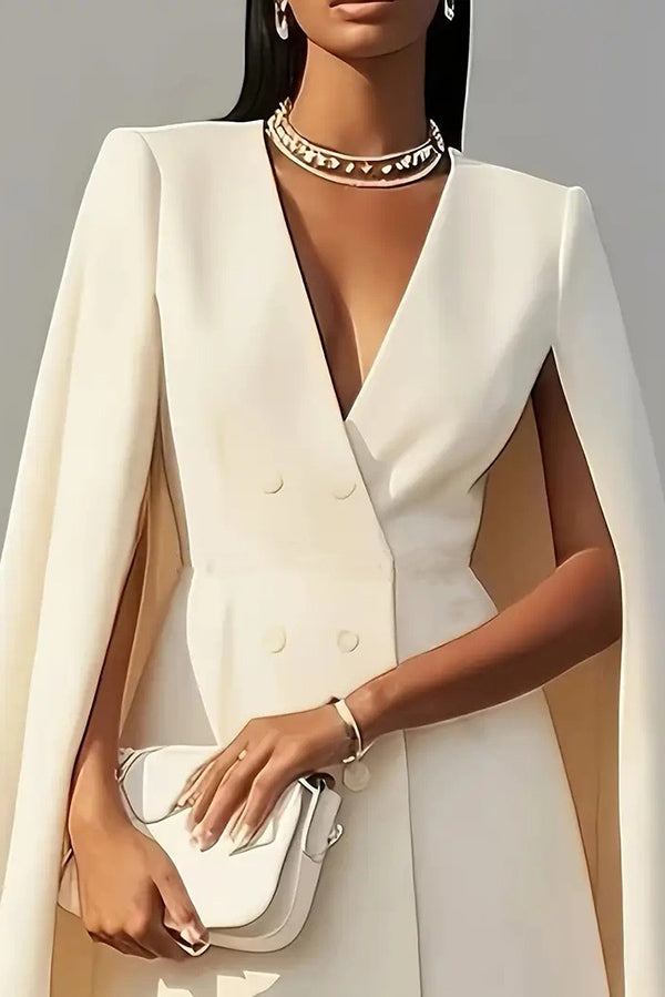 Stylish women's elegant V-neck double-breasted mini dress. Modern cape design for parties & cocktails.