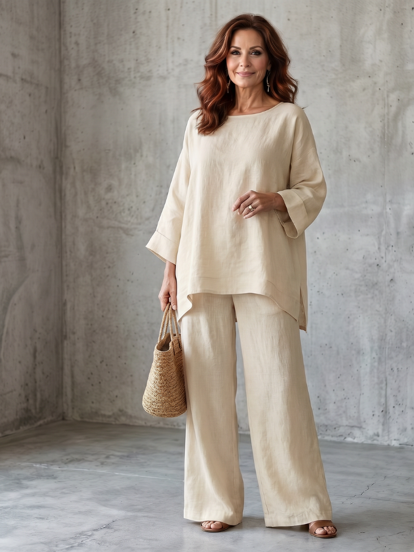 Chic women's oversized tunic and wide leg pant two-piece outfit. Ideal for casual, relaxed style.