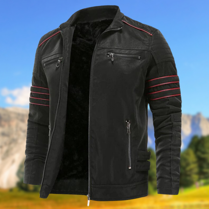 Stylish men's slim-fit jacket featuring accent stripes, a stand collar, and practical zip pockets.