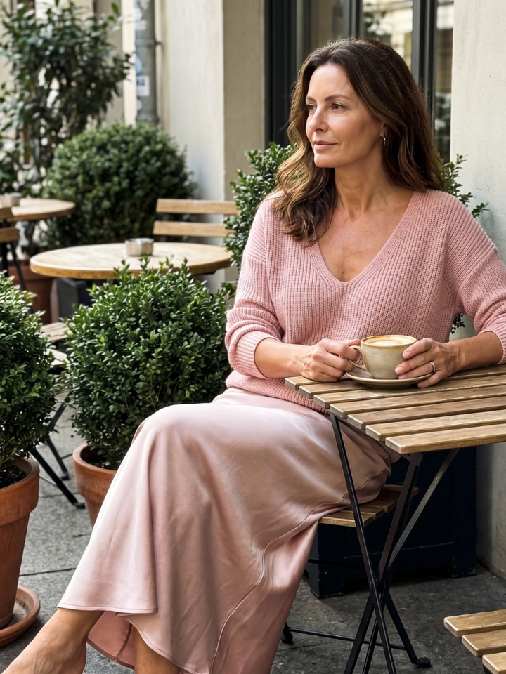 Elegant women's two-piece fall fashion set with long sleeve sweater and midi skirt for chic everyday wear.