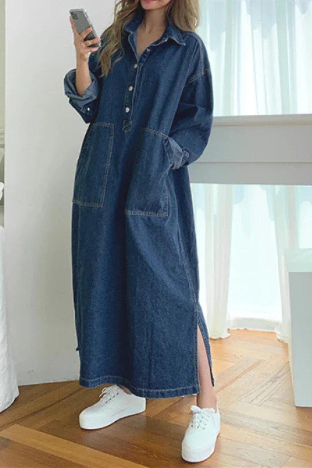 Fashionable women's long sleeve collared maxi dress, oversized design with pockets, perfect for versatile everyday wear.