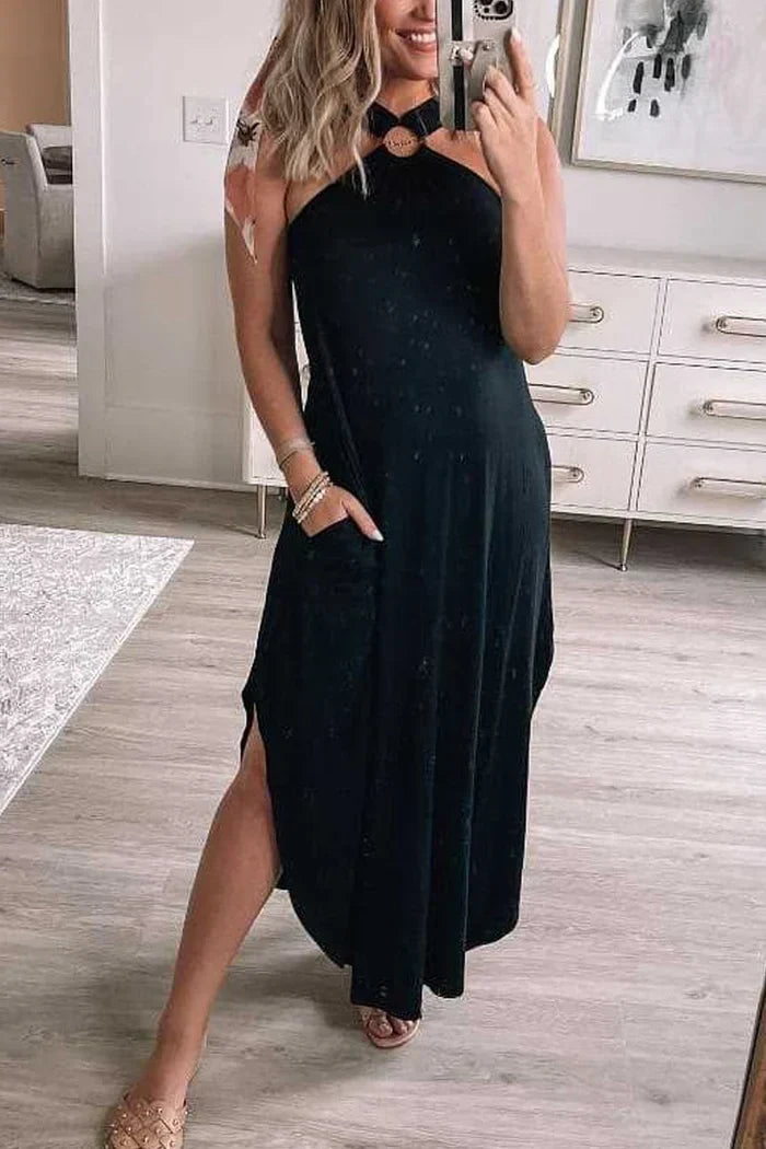 Woman in elegant strapless midi party dress, ideal for formal events & special occasions. Comfortable fit.