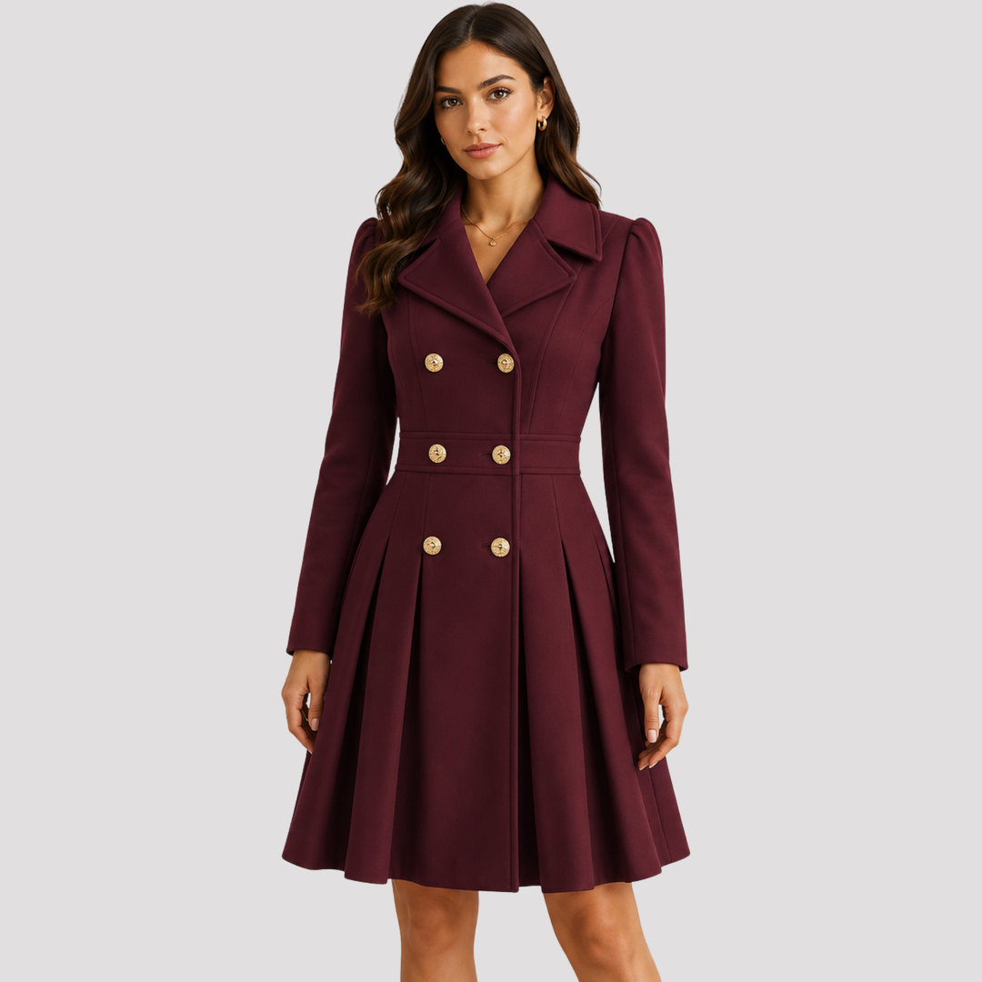 Women's elegant tailored coat dress, double-breasted design, long sleeves, flattering for formal style.