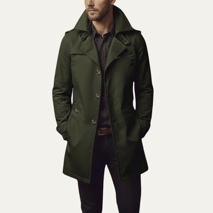 Man wearing a slim fit double-breasted pea coat. Stylish winter jacket, perfect for business casual & cold weather.