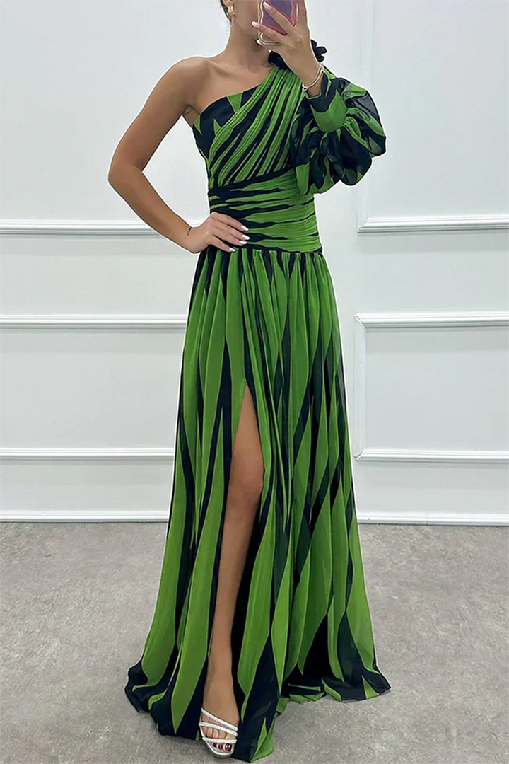 Women's summer party striped one-shoulder maxi dress with an elegant high slit. A chic long dress option.