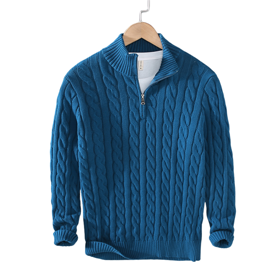 Comfortable men's quarter zip cable knit sweater, an essential smart casual layering piece for daily wear.