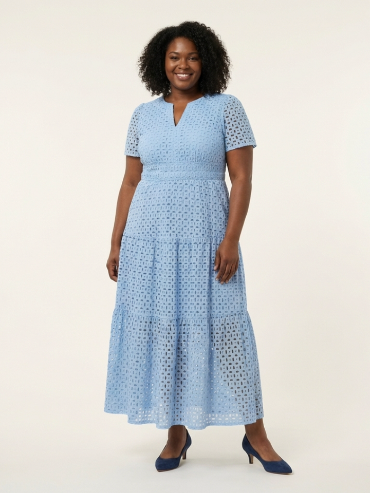 Trendy sky blue V-neck short sleeve tiered midi dress for women, offering a comfortable, casual summer look.