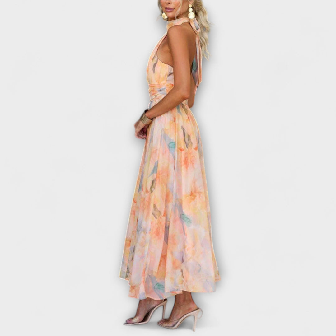 Elegant women's halter neck gradient maxi dress, a stunning formal gown for special events.