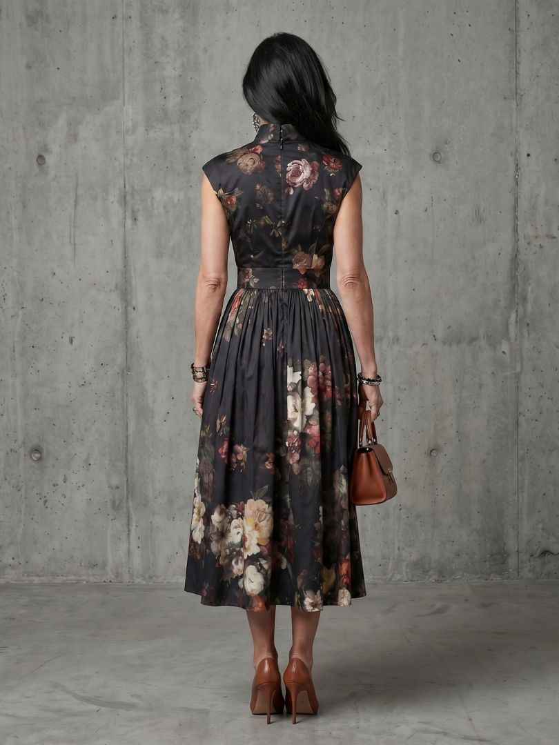 Elegant women's black midi dress: high neck, keyhole detail, floral print, and flattering pleats.