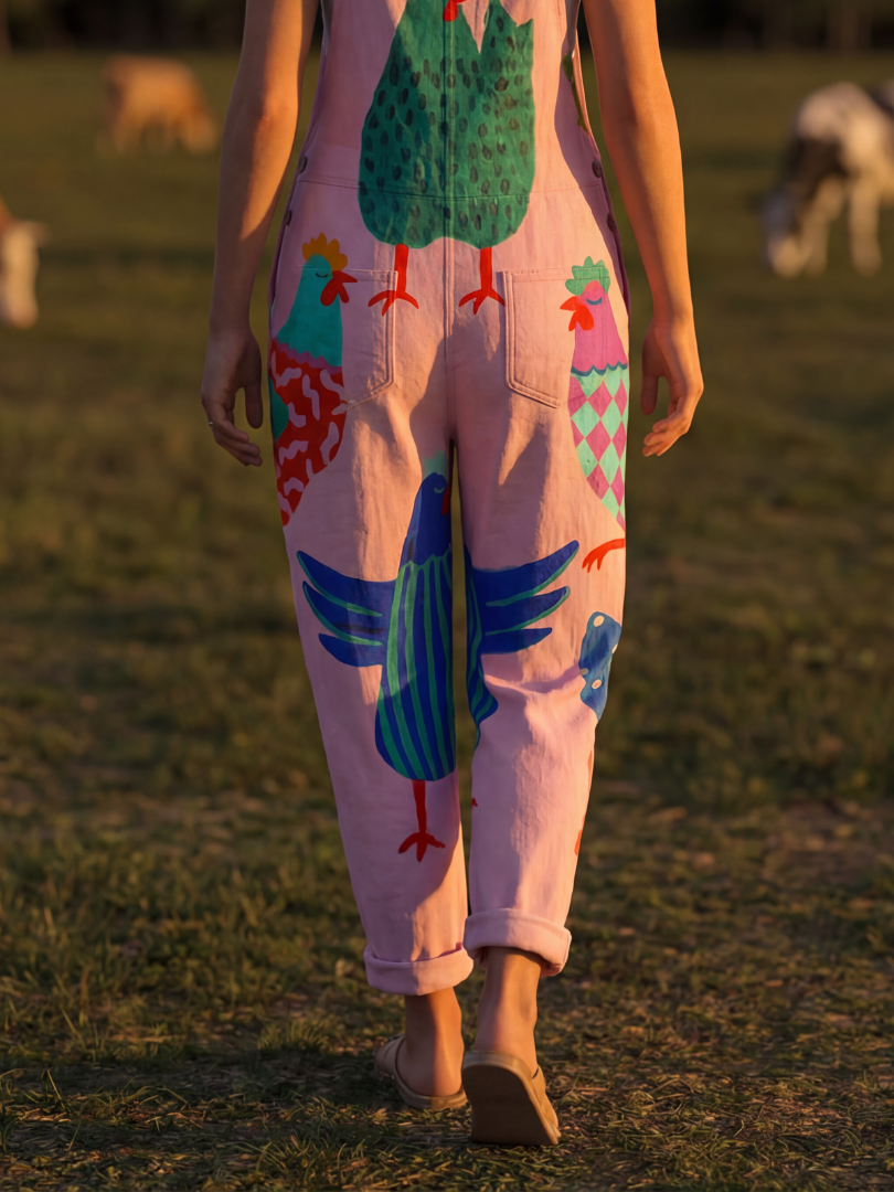 Stylish full-length pink women's jumpsuit, relaxed fit with an adorable hen motif, perfect for vacation or everyday fashion.