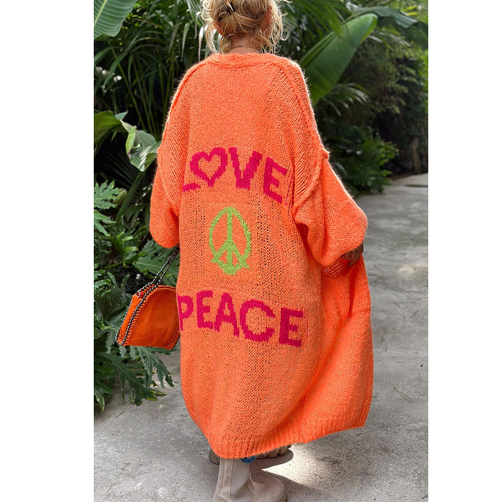 Bohemian Women's Peace Cardigan. Unique hippie style long sleeve, a vibrant statement piece for any outfit.