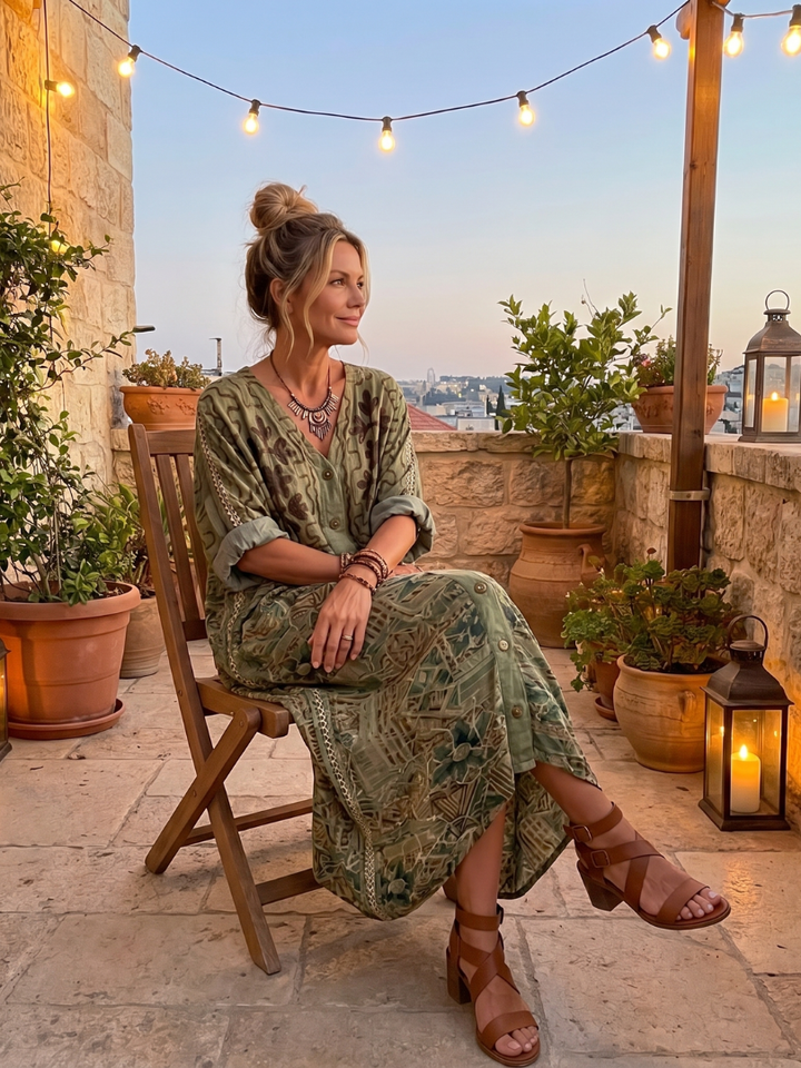 Comfortable women's oversized midi dress, featuring beautiful embroidery, a full button front, and practical pockets.