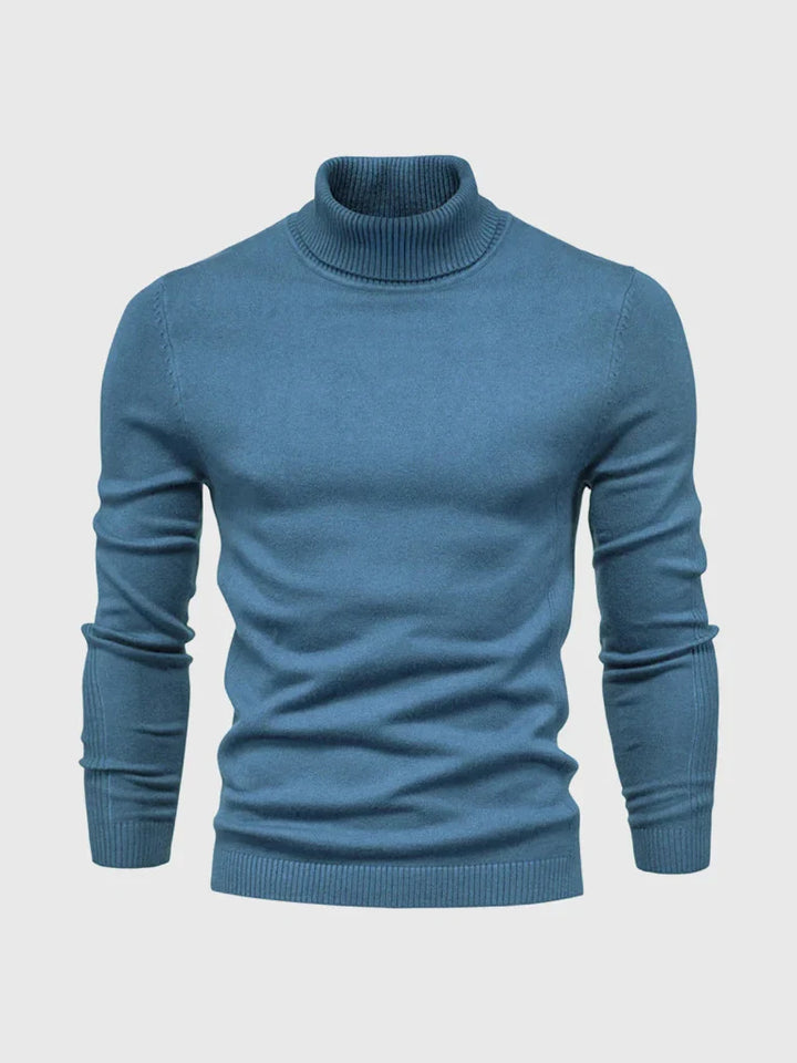 Man wearing a men's classic turtleneck sweater, styled for winter.