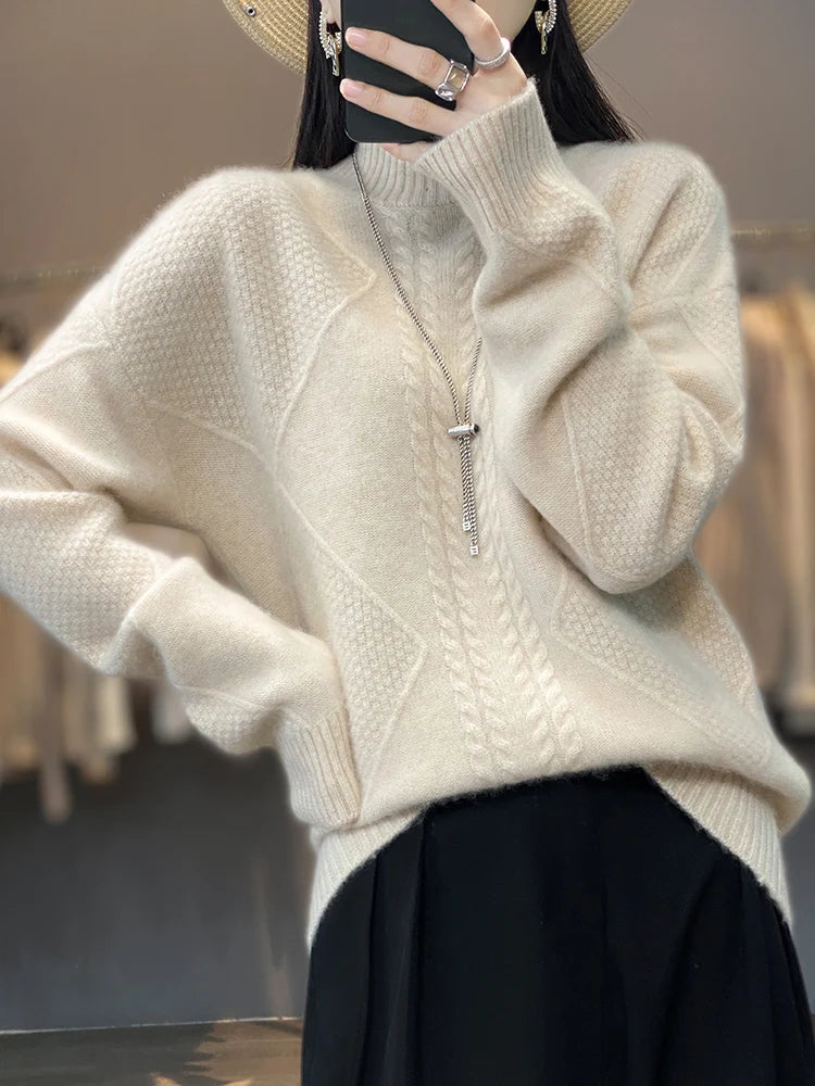 White women's cashmere roll neck sweater, featuring a cozy cable knit for winter elegance.