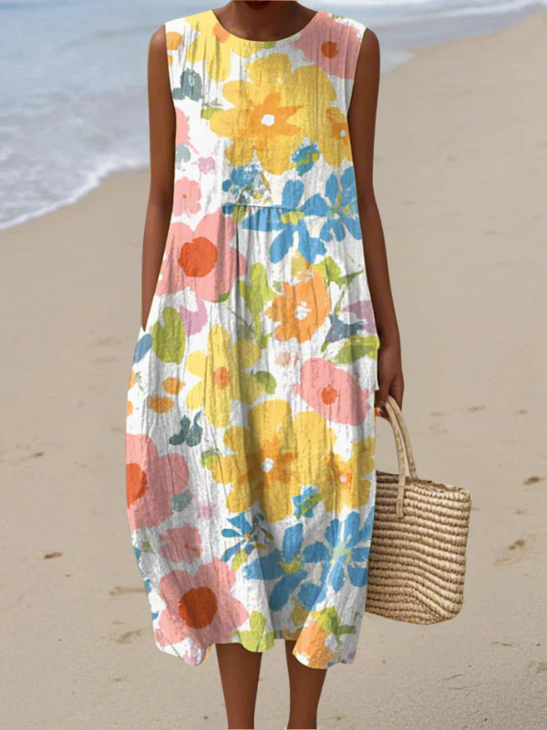 Women's elegant pastel floral midi dress, perfect for summer, featuring a flowy silhouette & vibrant multicolor print.