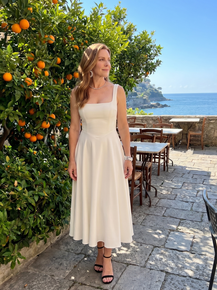 White women's square neck sleeveless midi dress, flared and flowy, ideal for sophisticated summer looks.