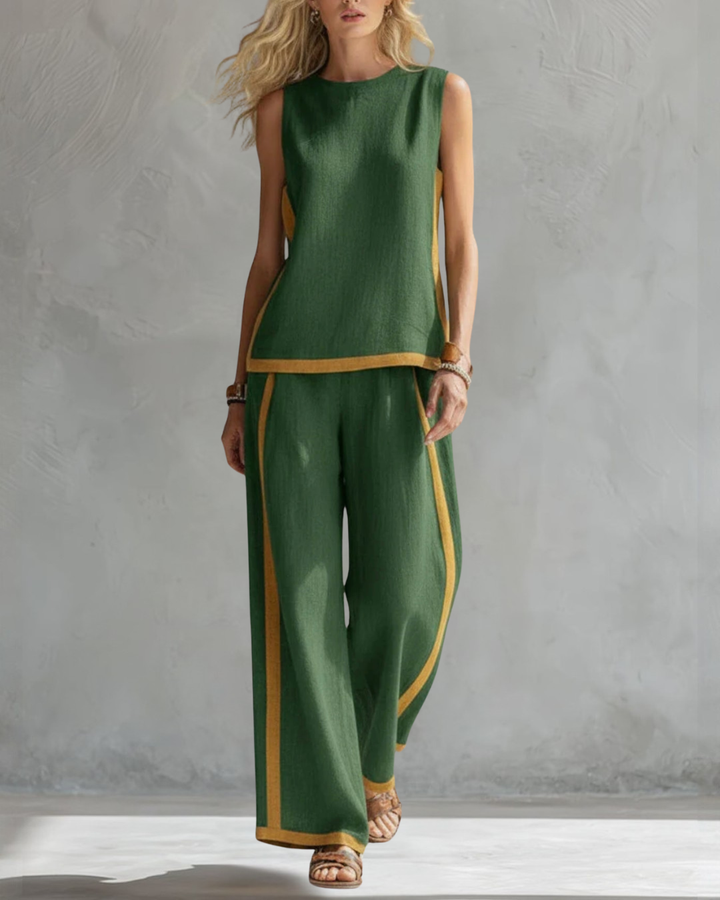 Chic women's sleeveless top & wide leg trouser set for an elegant, comfortable everyday summer look. Versatile.