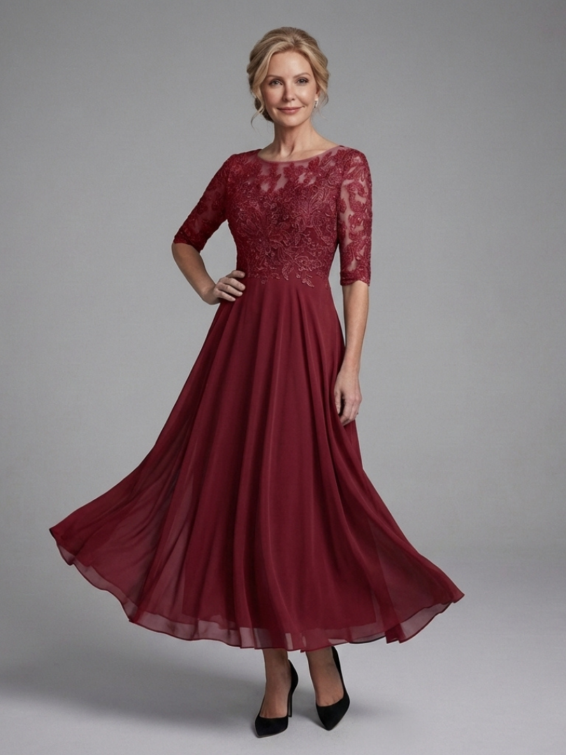 Stylish women's burgundy lace midi dress, sheer long sleeves, and a flattering A-line cut. Great for parties.
