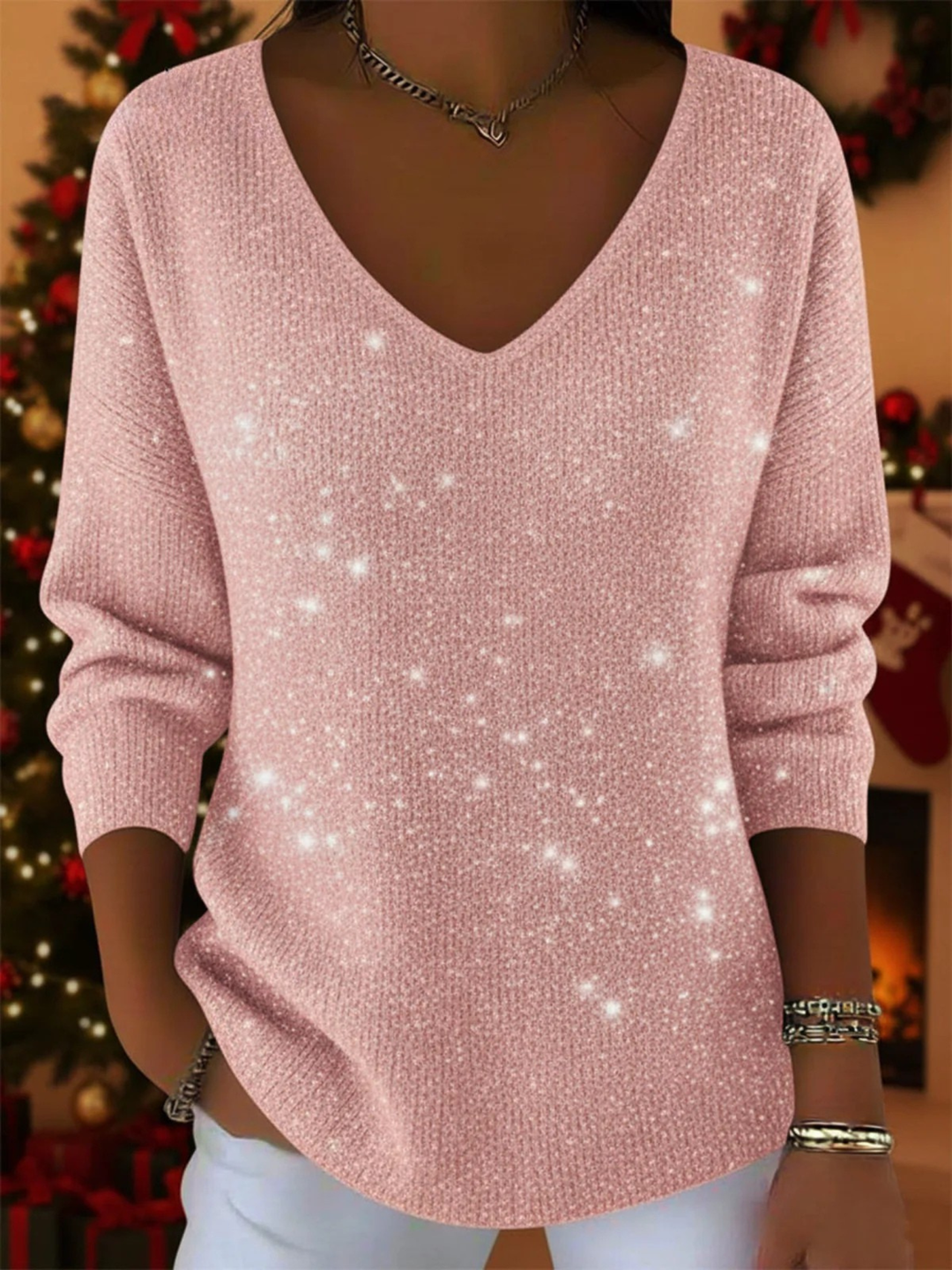 Comfortable women's long sleeve sequin V-Neck blouse. Stylish sparkly top, great for evening fashion.