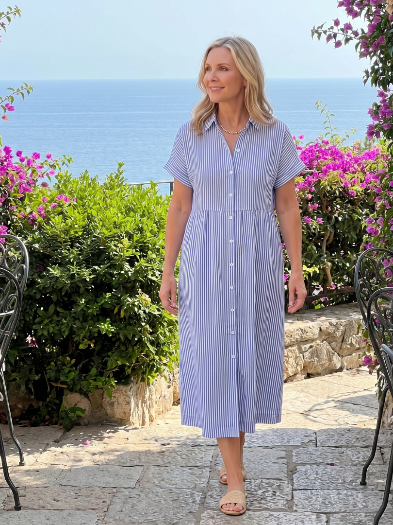 Everyday style women's striped midi dress with short sleeves, button-front, and practical pockets.