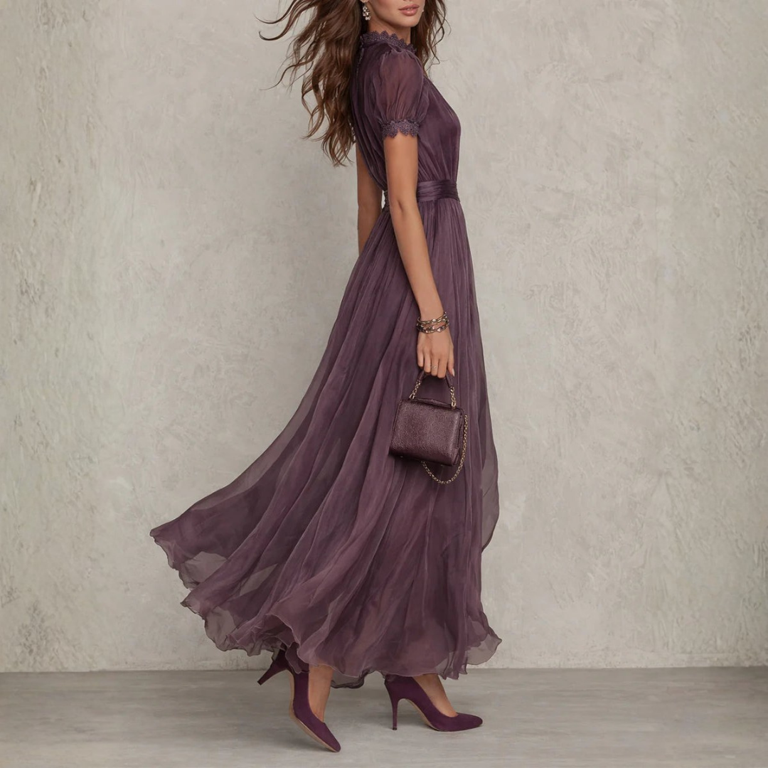 Timeless women's purple lace trim maxi dress, a sophisticated choice for wedding guests, proms, and gala events.
