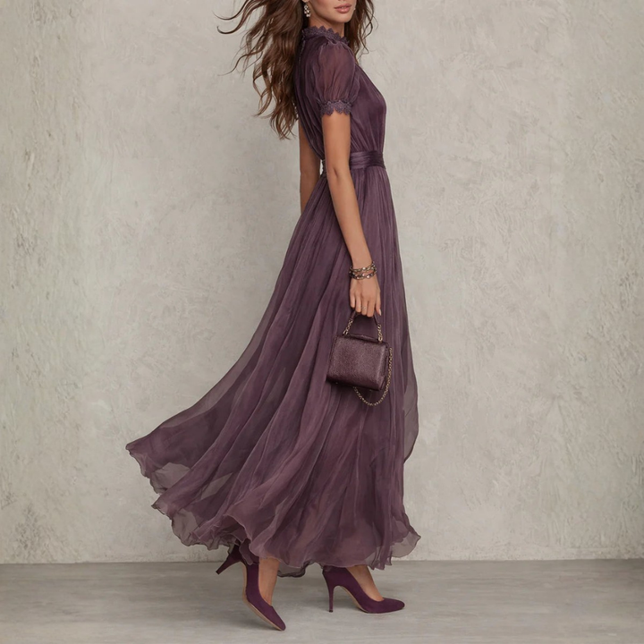 Timeless women's purple lace trim maxi dress, a sophisticated choice for wedding guests, proms, and gala events.