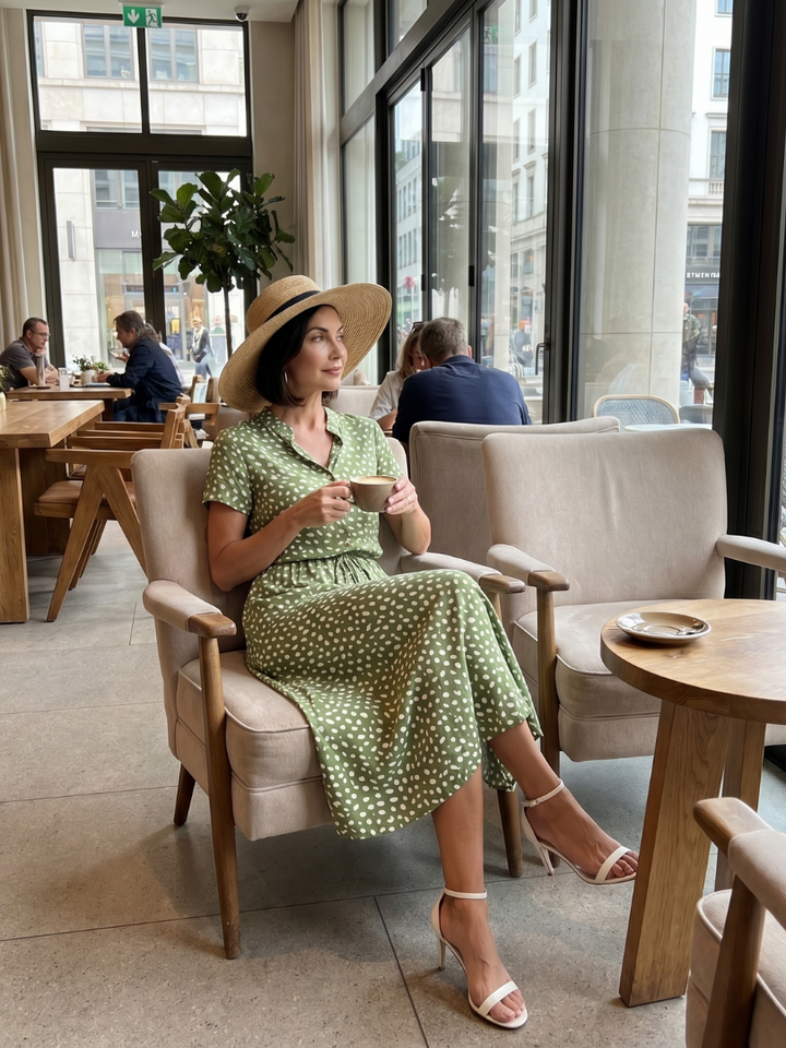 Model wearing a women's printed button-front belted midi dress, showcasing its relaxed fit and summer style.
