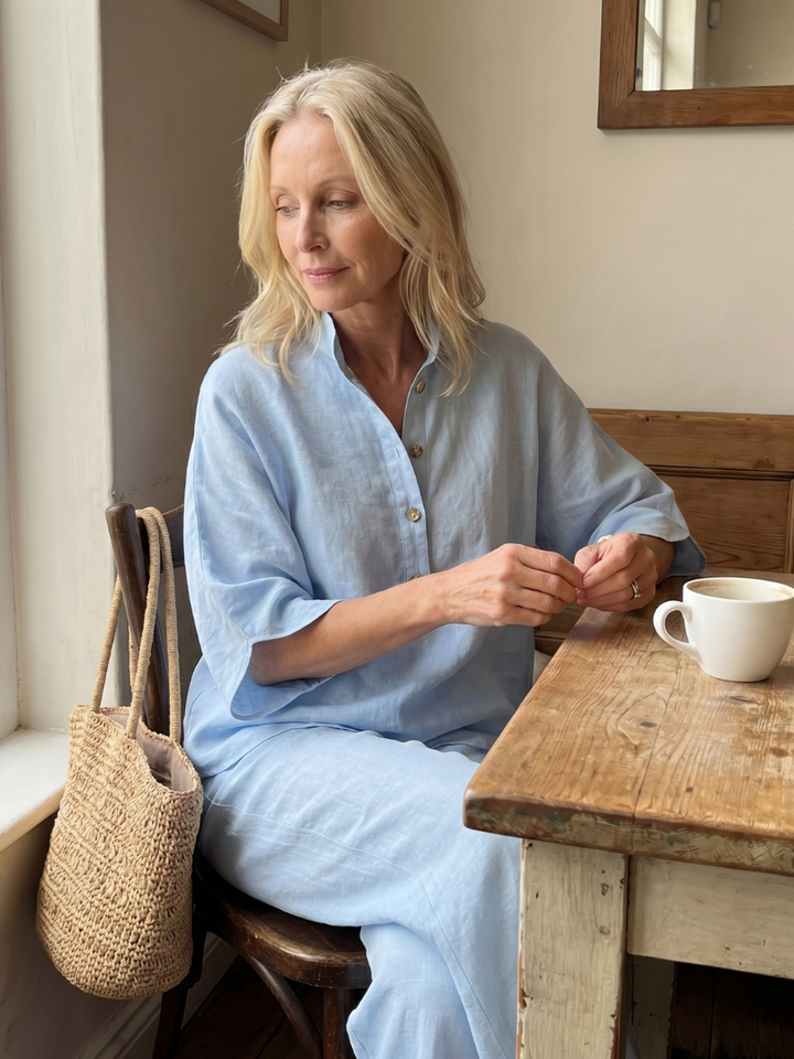 Everyday women's button front tunic set with matching comfortable trousers.