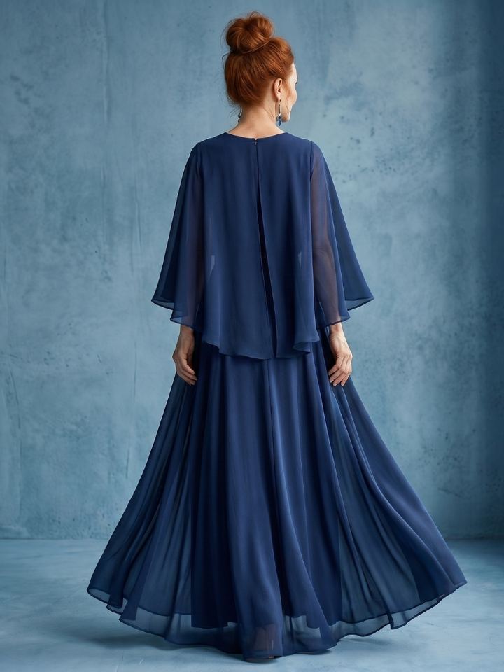 Navy midi dress for women, showcasing elegant layered sleeves and a stylish drape waist. Fluid A-line for sophisticated look.