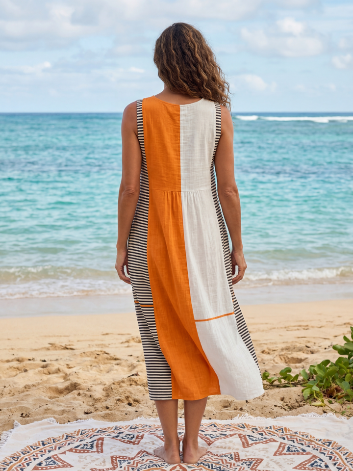 Sophisticated women's color block stripe midi dress, sleeveless with a relaxed fit, great for elegant casual summer.