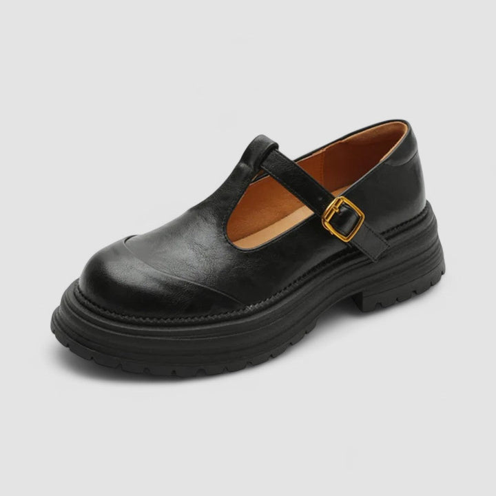 Comfortable flat Mary Janes, orthopedic women's shoes, classic leather style with supportive design.