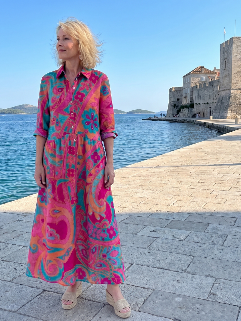Vibrant Klera women's printed midi dress with a collared button-front design, perfect for stylish summer outfits.