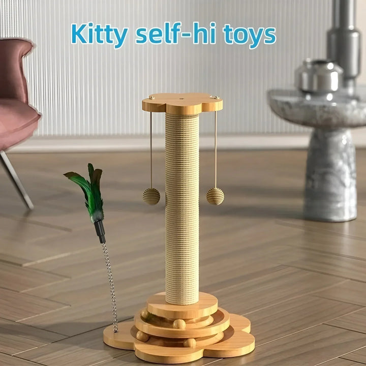 Interactive wooden cat toy & scratching post with dangling feather & rolling play balls for enrichment.