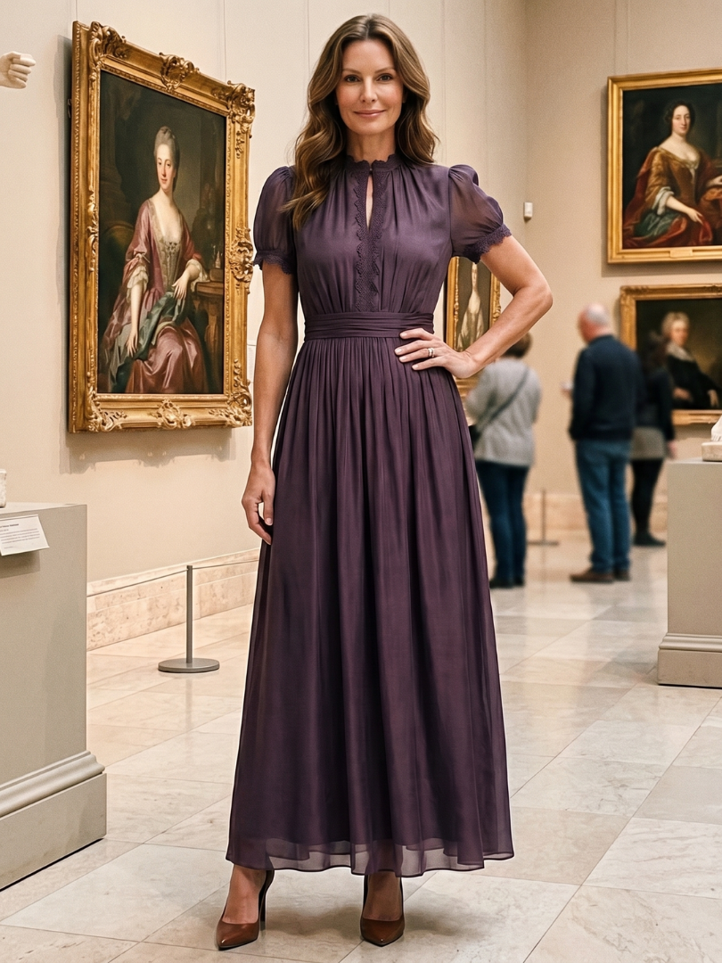 Women's short sleeve maxi dress in purple, designed with a chic keyhole neckline and flattering gathered waist.